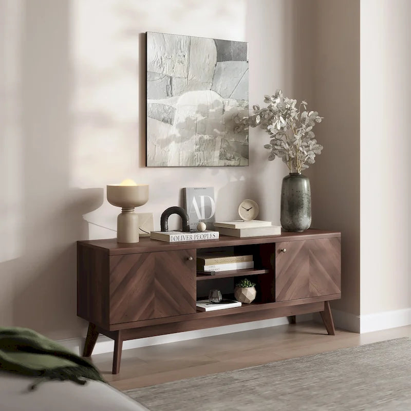 Scandi Mid-Century Modern Herringbone TV Stand for TVs up to 65 Inches with Wooden Legs