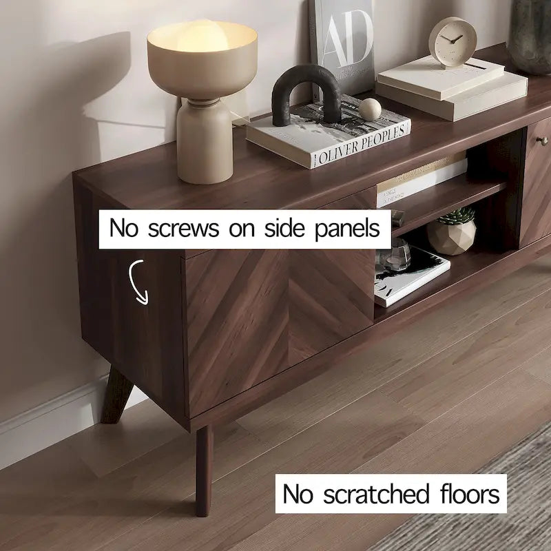 Scandi Mid-Century Modern Herringbone TV Stand for TVs up to 65 Inches with Wooden Legs