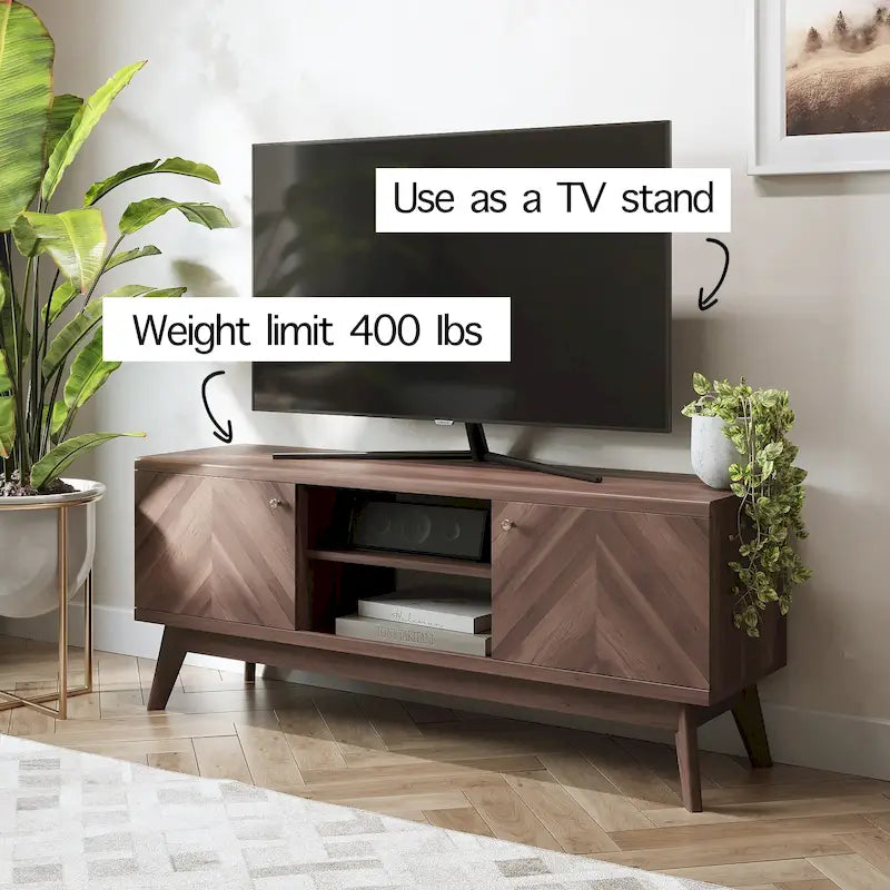 Scandi Mid-Century Modern Herringbone TV Stand for TVs up to 65 Inches with Wooden Legs