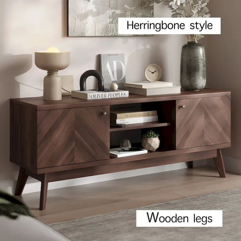 Scandi Mid-Century Modern Herringbone TV Stand for TVs up to 65 Inches with Wooden Legs