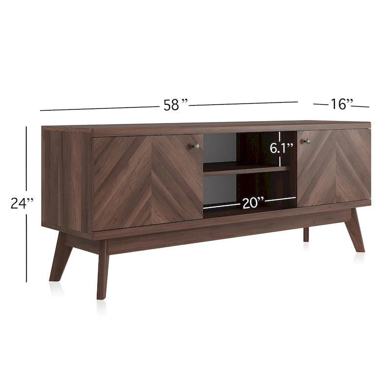 Scandi Mid-Century Modern Herringbone TV Stand for TVs up to 65 Inches with Wooden Legs