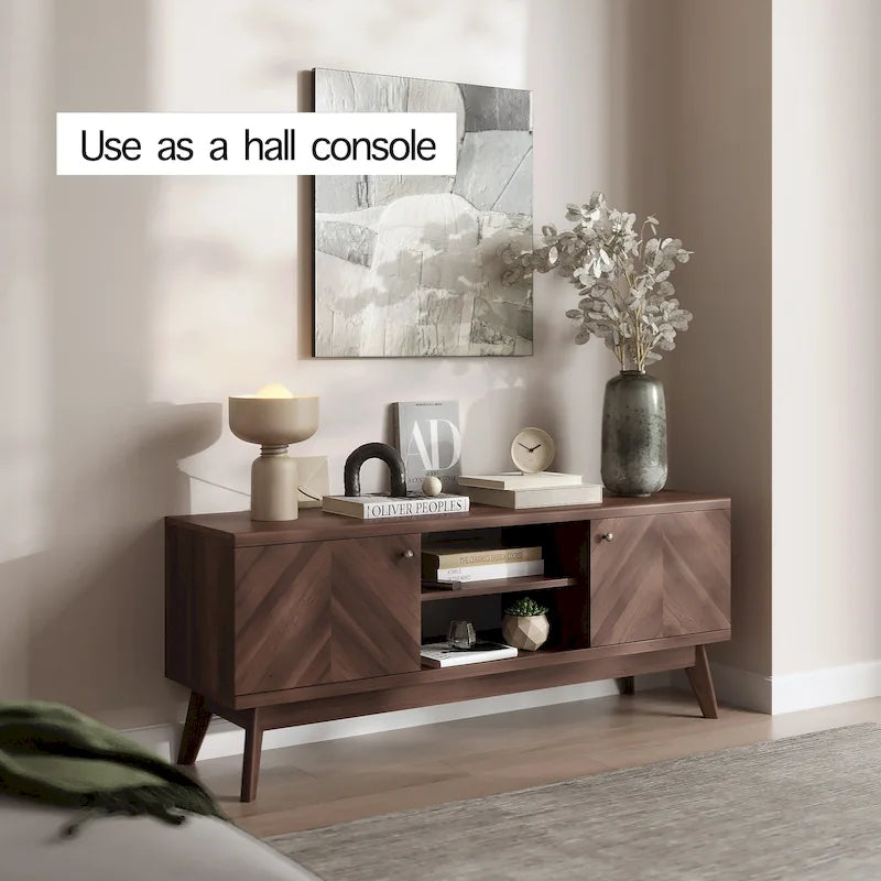 Scandi Mid-Century Modern Herringbone TV Stand for TVs up to 65 Inches with Wooden Legs