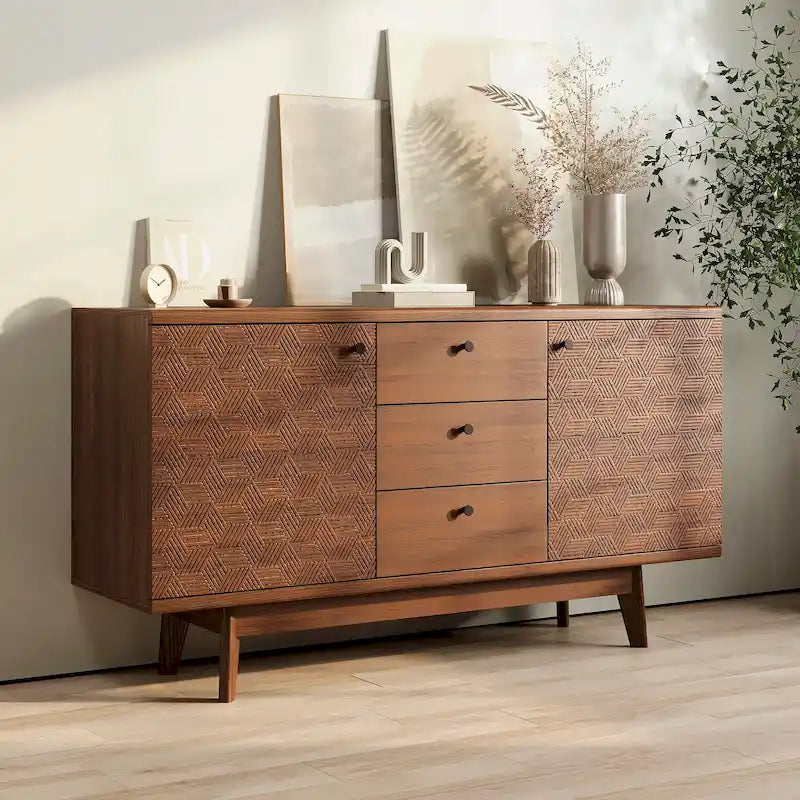 Scandi Sideboard Buffet TV Stand with Drawers and Wooden Legs for TVs up to 65 Inches