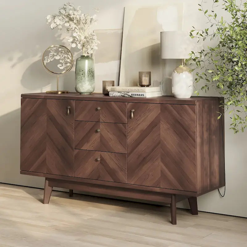 Scandi Sideboard Buffet TV Stand with Drawers and Wooden Legs for TVs up to 65 Inches