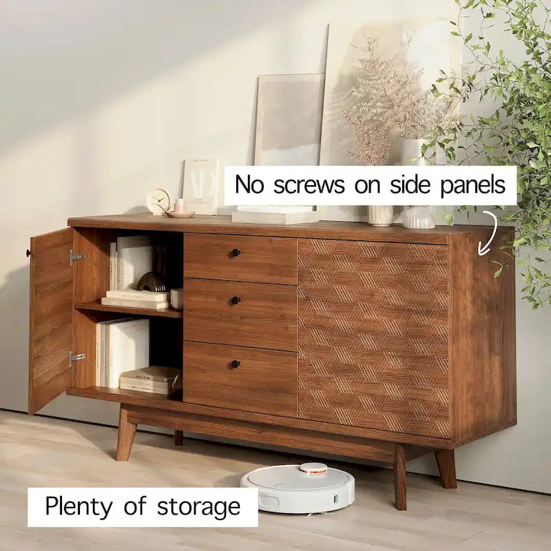 Scandi Sideboard Buffet TV Stand with Drawers and Wooden Legs for TVs up to 65 Inches