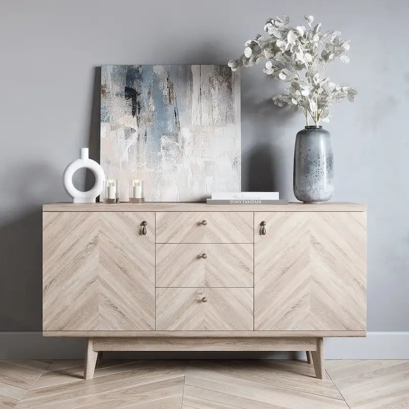 Scandi Sideboard Buffet TV Stand with Drawers and Wooden Legs for TVs up to 65 Inches