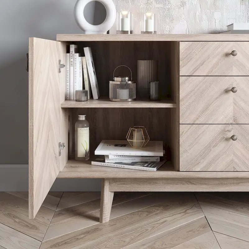 Scandi Sideboard Buffet TV Stand with Drawers and Wooden Legs for TVs up to 65 Inches
