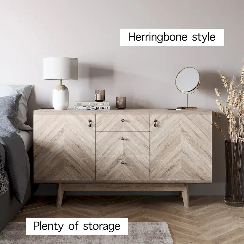Scandi Sideboard Buffet TV Stand with Drawers and Wooden Legs for TVs up to 65 Inches