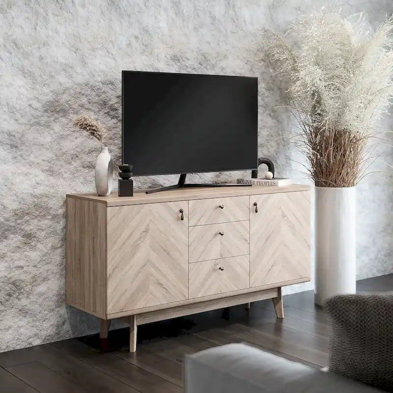 Scandi Sideboard Buffet TV Stand with Drawers and Wooden Legs for TVs up to 65 Inches