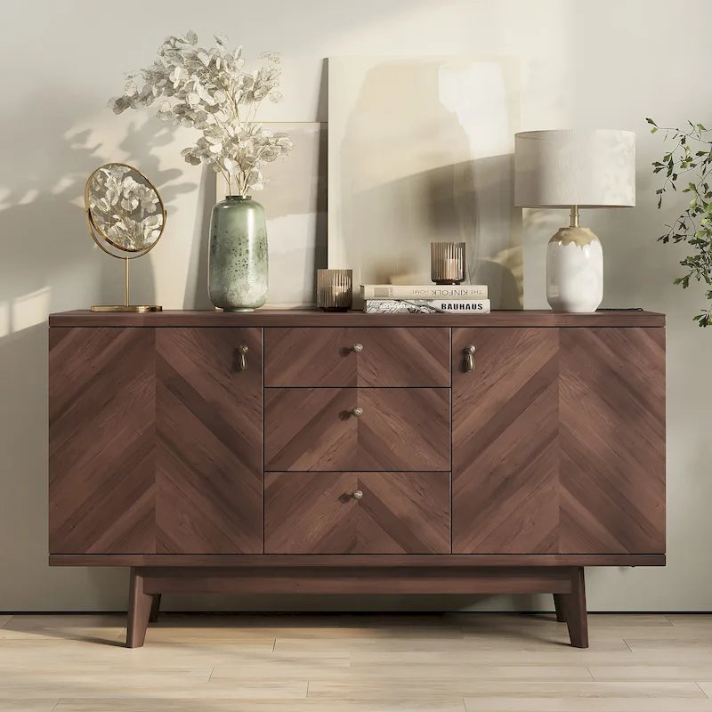 Scandi Sideboard Buffet TV Stand with Drawers and Wooden Legs for TVs up to 65 Inches