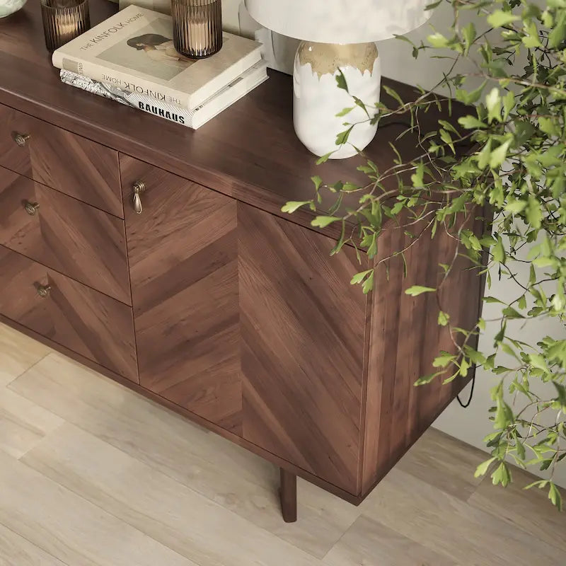 Scandi Sideboard Buffet TV Stand with Drawers and Wooden Legs for TVs up to 65 Inches