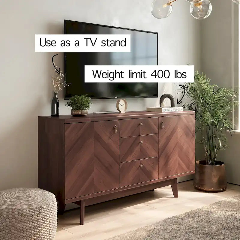 Scandi Sideboard Buffet TV Stand with Drawers and Wooden Legs for TVs up to 65 Inches