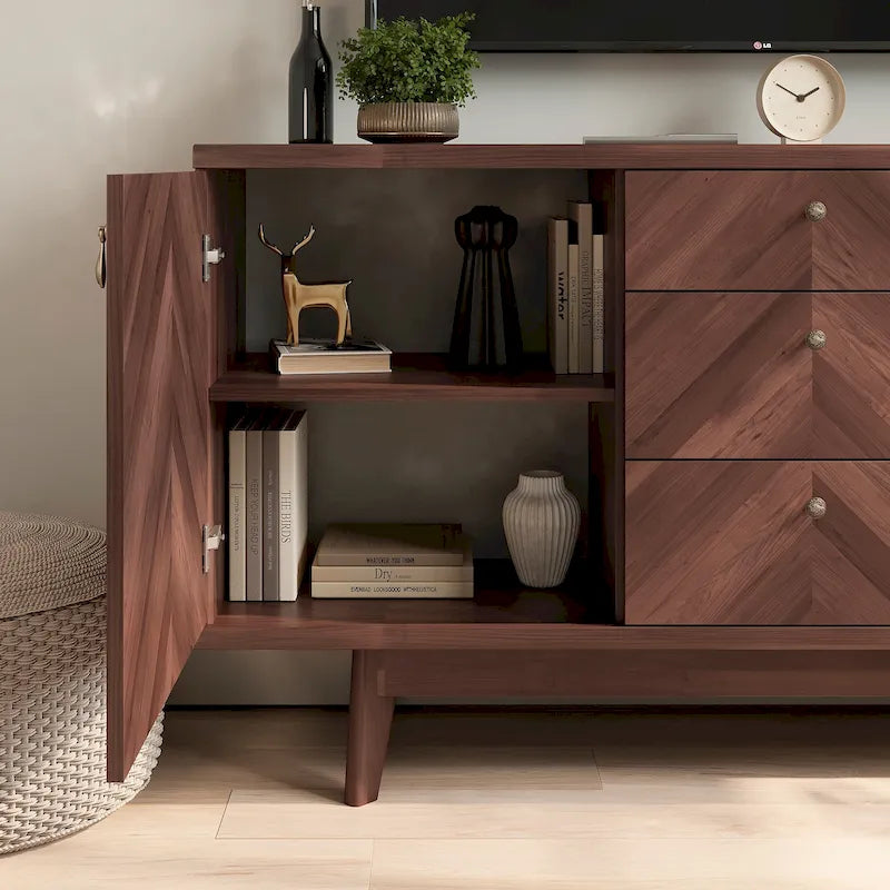 Scandi Sideboard Buffet TV Stand with Drawers and Wooden Legs for TVs up to 65 Inches