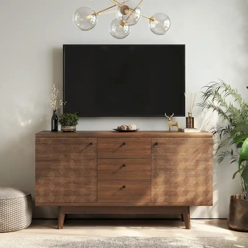 Scandi Sideboard Buffet TV Stand with Drawers and Wooden Legs for TVs up to 65 Inches