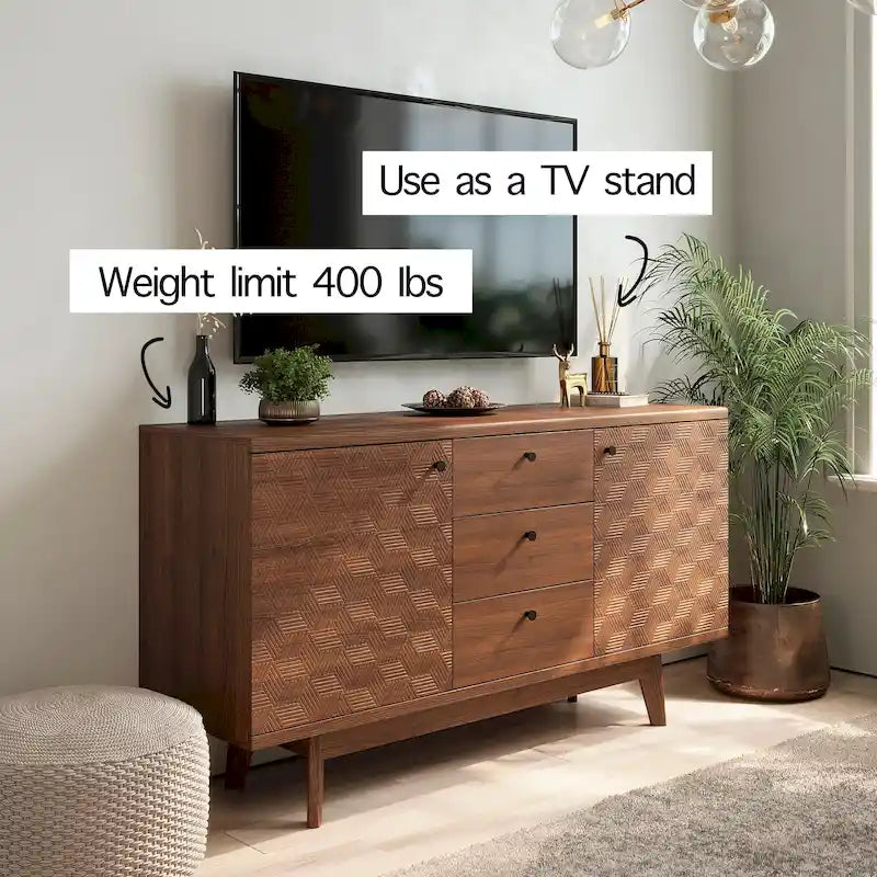 Scandi Sideboard Buffet TV Stand with Drawers and Wooden Legs for TVs up to 65 Inches