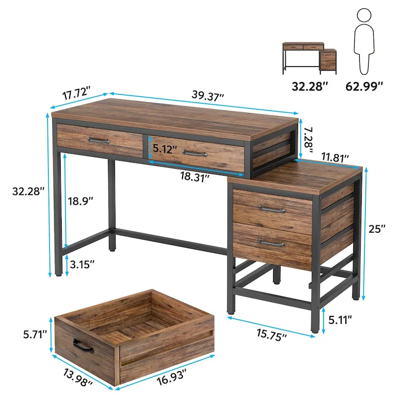 Reversible Computer Desk with 5 Drawers, Home Office Desk with File Cabinet Drawer Printer Stand
