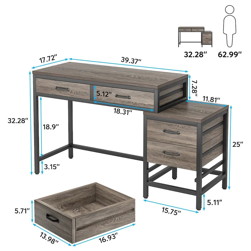 Reversible Computer Desk with 5 Drawers, Home Office Desk with File Cabinet Drawer Printer Stand