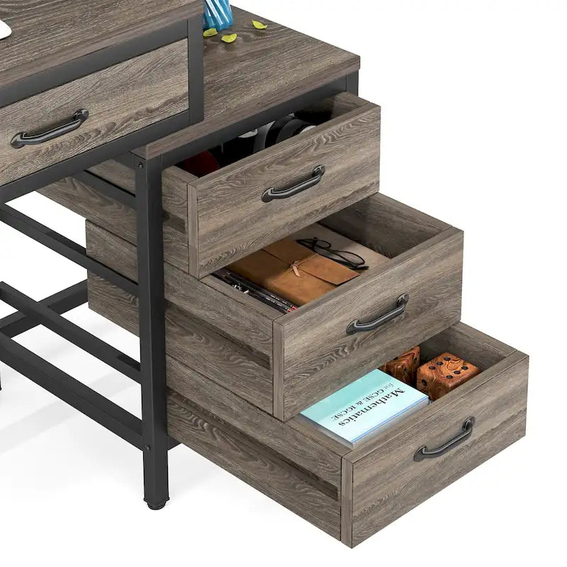 Reversible Computer Desk with 5 Drawers, Home Office Desk with File Cabinet Drawer Printer Stand