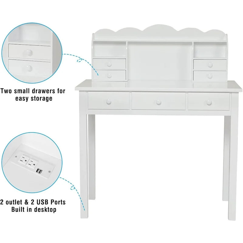 Writing Desk with USB Port Home Office Desk with 7 Drawers