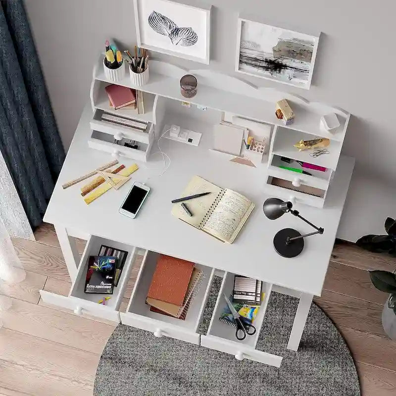Writing Desk with USB Port Home Office Desk with 7 Drawers