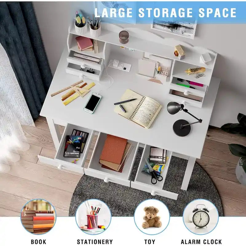 Writing Desk with USB Port Home Office Desk with 7 Drawers