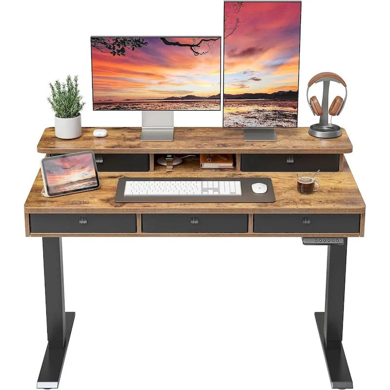 Height Adjustable Electric Standing Desk with 5 Drawers, Storage Shelf, Sit Stand Desk