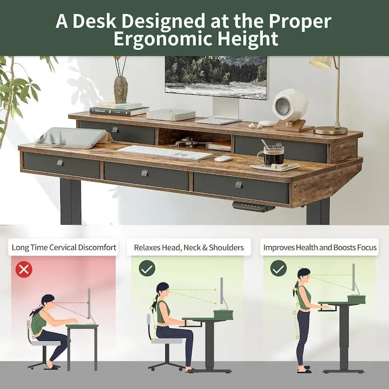 Height Adjustable Electric Standing Desk with 5 Drawers, Storage Shelf, Sit Stand Desk