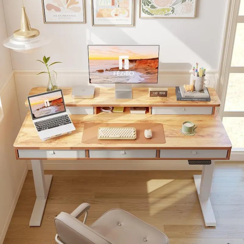 Height Adjustable Electric Standing Desk with 5 Drawers, Storage Shelf, Sit Stand Desk