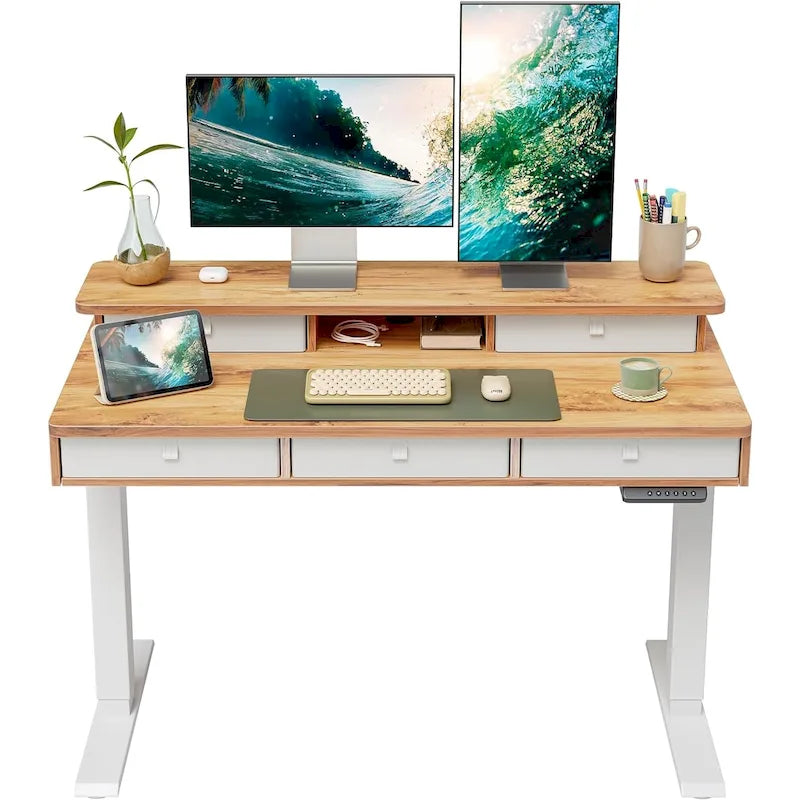 Height Adjustable Electric Standing Desk with 5 Drawers, Storage Shelf, Sit Stand Desk