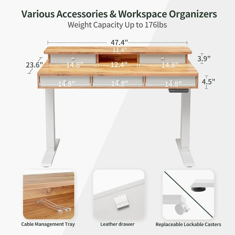 Height Adjustable Electric Standing Desk with 5 Drawers, Storage Shelf, Sit Stand Desk