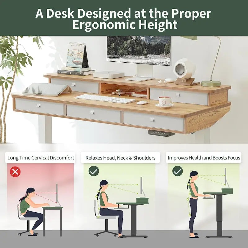 Height Adjustable Electric Standing Desk with 5 Drawers, Storage Shelf, Sit Stand Desk