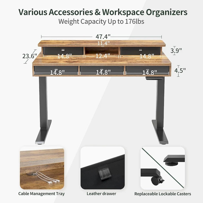 Height Adjustable Electric Standing Desk with 5 Drawers, Storage Shelf, Sit Stand Desk