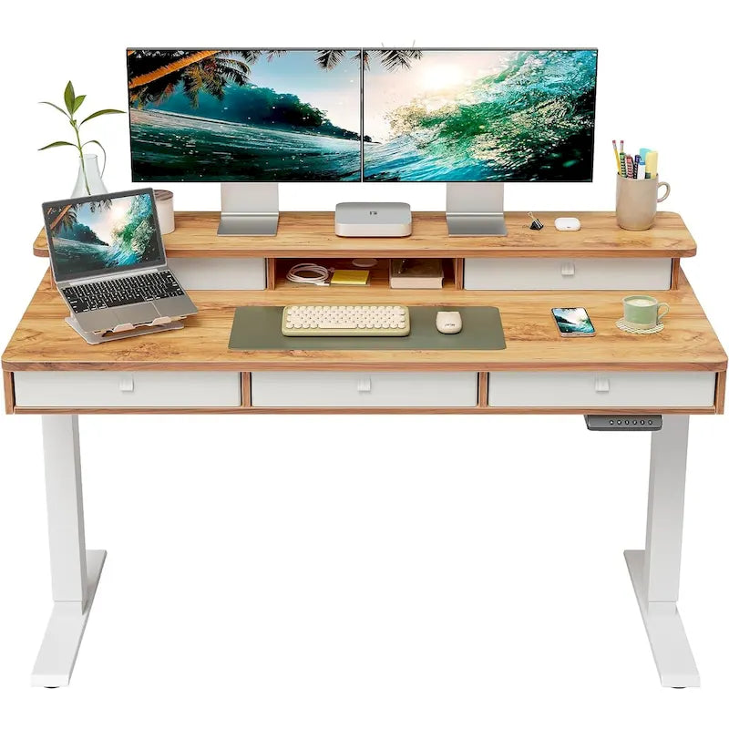 Height Adjustable Electric Standing Desk with 5 Drawers, Storage Shelf, Sit Stand Desk