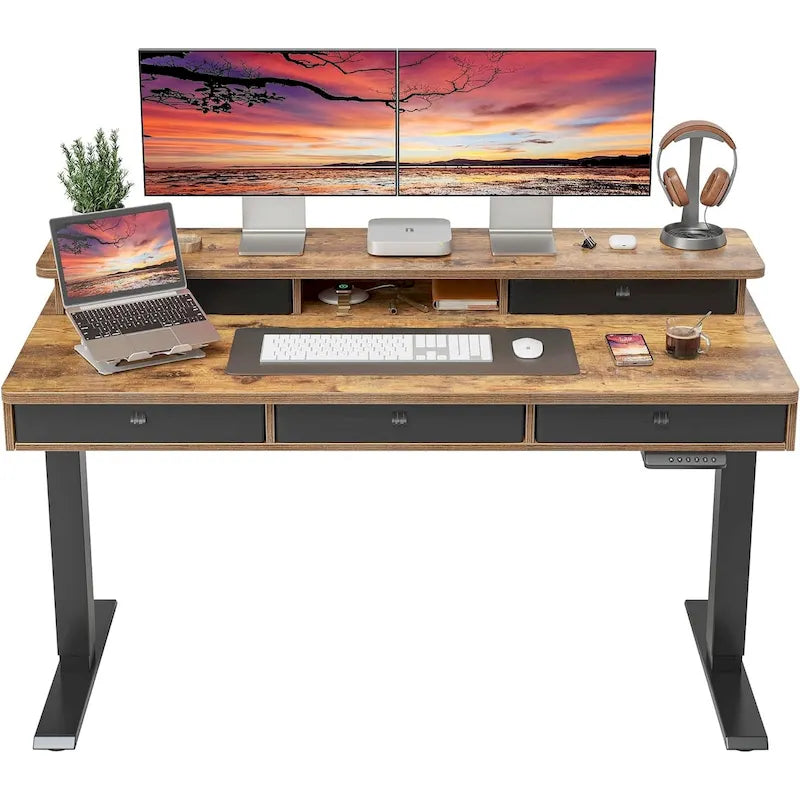Height Adjustable Electric Standing Desk with 5 Drawers, Storage Shelf, Sit Stand Desk