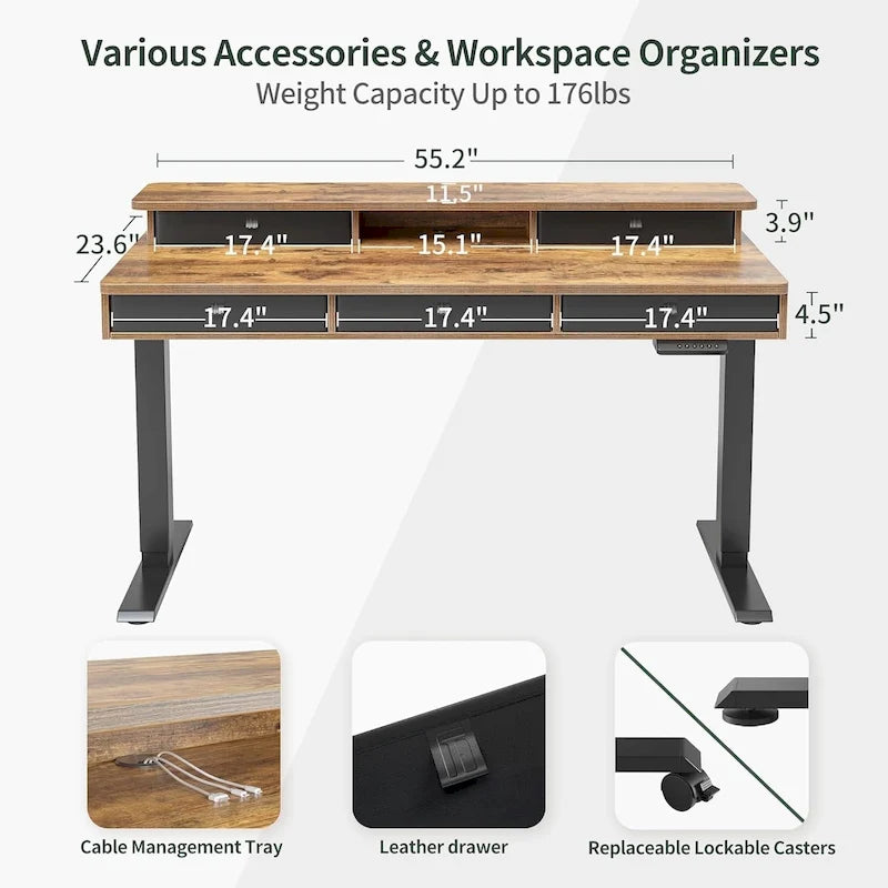 Height Adjustable Electric Standing Desk with 5 Drawers, Storage Shelf, Sit Stand Desk
