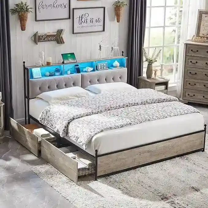 King Size Bed Frame with LED Lights, Charging Station and 4 Drawers