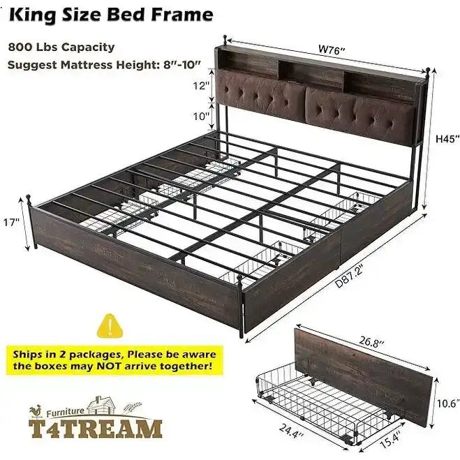 King Size Bed Frame with LED Lights, Charging Station and 4 Drawers
