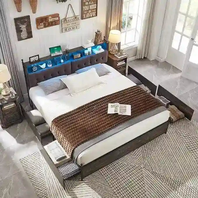 King Size Bed Frame with LED Lights, Charging Station and 4 Drawers