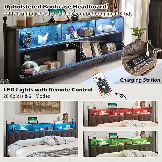King Size Bed Frame with LED Lights, Charging Station and 4 Drawers