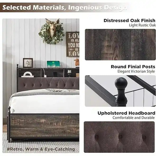King Size Bed Frame with LED Lights, Charging Station and 4 Drawers
