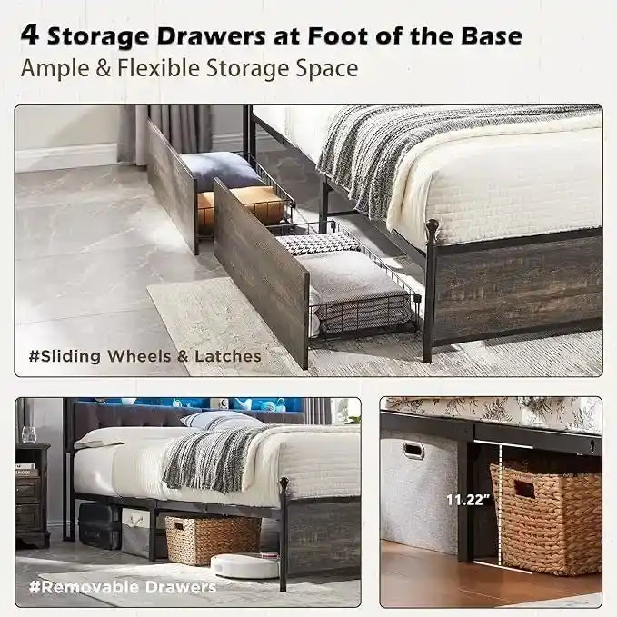 King Size Bed Frame with LED Lights, Charging Station and 4 Drawers