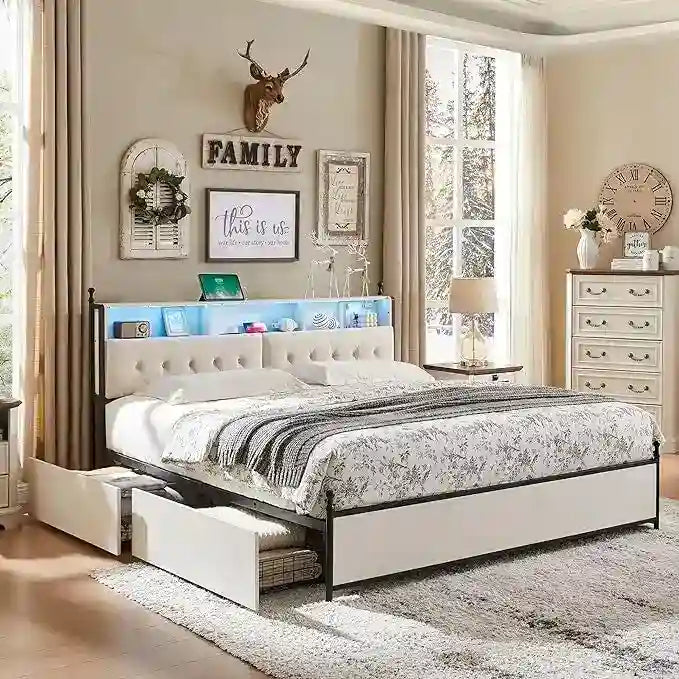 King Size Bed Frame with LED Lights, Charging Station and 4 Drawers