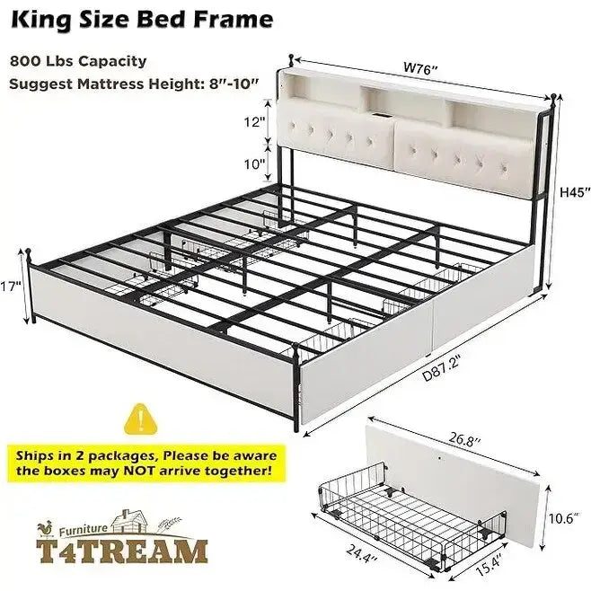 King Size Bed Frame with LED Lights, Charging Station and 4 Drawers
