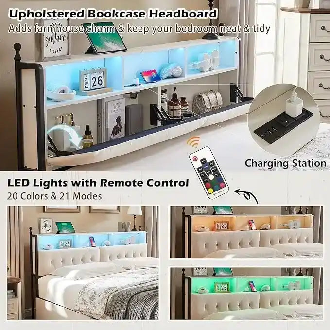 King Size Bed Frame with LED Lights, Charging Station and 4 Drawers
