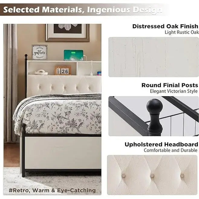 King Size Bed Frame with LED Lights, Charging Station and 4 Drawers
