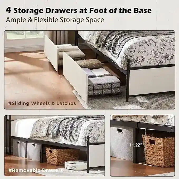 King Size Bed Frame with LED Lights, Charging Station and 4 Drawers