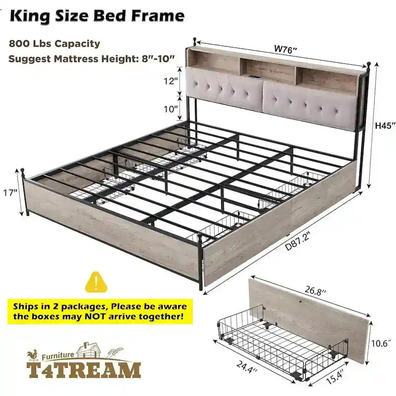 King Size Bed Frame with LED Lights, Charging Station and 4 Drawers