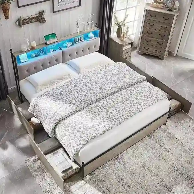 King Size Bed Frame with LED Lights, Charging Station and 4 Drawers