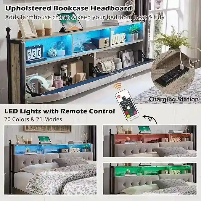 King Size Bed Frame with LED Lights, Charging Station and 4 Drawers
