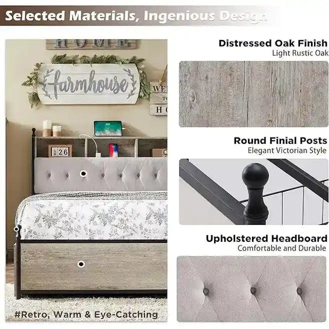 King Size Bed Frame with LED Lights, Charging Station and 4 Drawers